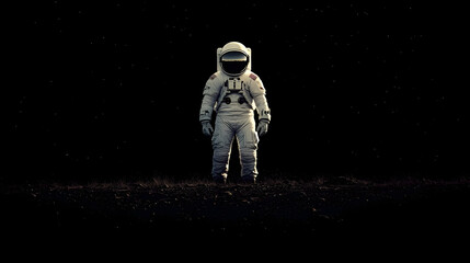 Obraz premium A lone astronaut stands on a dark, rocky surface with a starry sky above, a dramatic and atmospheric image.