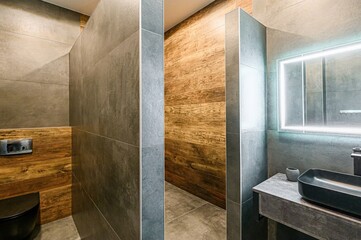 modern, minimalist bathroom features grey tiles, wooden accents, a walk-in shower, and a sleek...