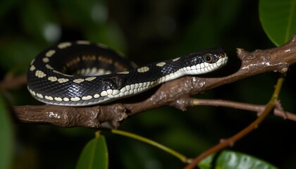 A black and yellow snake is on a branch