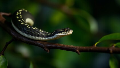 Naklejka premium A black and yellow snake is on a branch