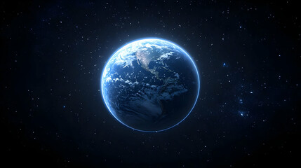 A Realistic Digital Illustration of Earth with North America Visible, Surrounded by a Dark Blue Starry Space Background