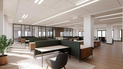 Modern office space design urban location interior photography bright environment wide angle view contemporary concepts