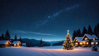Christmas village in a starry night, lapland landscape, christmas village covered by snow with christmas trees, Santa Claus village wallpaper	
