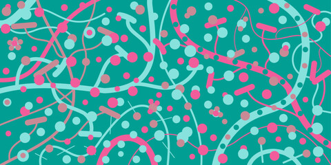 Abstract style geometric blue, pink background with lines and dots. Hand drawn multicolored vector illustration for cards, business, banners, wallpaper, textile, wrapping. Editable stroke	