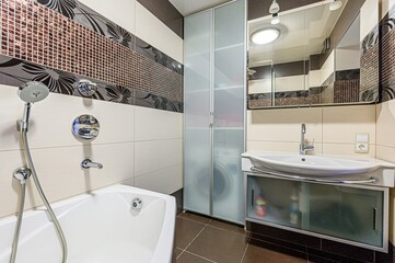 interior apartment room bathroom, sink, decorative elements, toilet. WC, sanitary unit, wash room