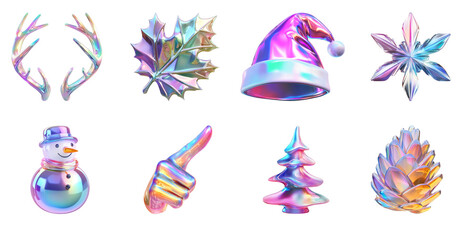 Abstract iridescent colored festive christmas icons. Holographic neon foil design elements