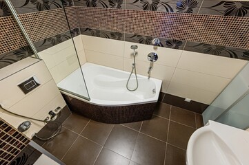 interior apartment room bathroom, sink, decorative elements, toilet. WC, sanitary unit, wash room