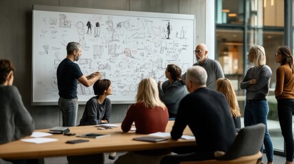 Group of diverse professionals discussing and brainstorming in a modern office setting in front of a large whiteboard filled with sketches and notes.
