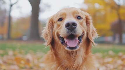 Obraz premium Golden retriever dog enjoying a walk in a vibrant autumn park, embodying joy and warmth in the crisp fall atmosphere.
