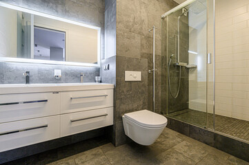 interior apartment. Modern bathroom with sleek grey tiles, white vanity, and glass shower enclosure.  Illuminated mirror adds brightness. Minimalist design with chrome fixtures.