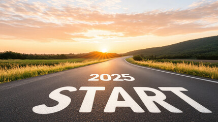 scenic road leading towards vibrant sunset with START 2025 painted on asphalt, symbolizing new beginnings and opportunities
