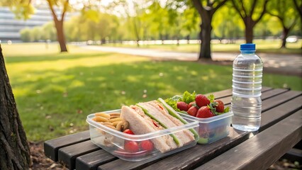 A Nutritious Outdoor Lunch With a Sandwich and Water Bottle Displayed on a Park Bench, Set In a Tranquil Green Environment