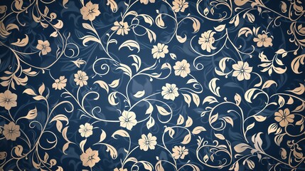 Obraz premium Seamless floral pattern with beige flowers and leaves on a navy blue background.