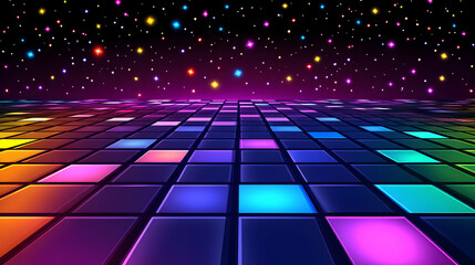 Abstract Colorful Glowing Tiles  Extending  Across a  Black  Sky with  Stars