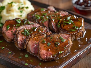 Delicious grilled beef tenderloin with mashed potatoes home kitchen food photography
