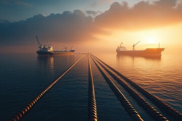 Obraz premium Two ships at sunset with floating pipelines in calm waters.
