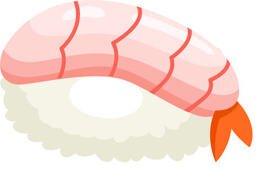 Ebi Sushi Nigiri Cartoon.  Ebi, hand-shaped sushi.  A fresh shrimp sushi.  Shrimp sushi nigiri.  Traditional Japanese food. 