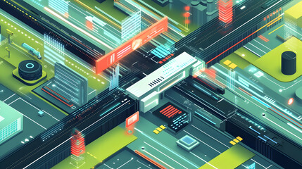 Fototapeta premium Abstract Futuristic Cityscape with Geometric Shapes and Glowing Lines