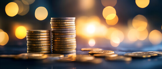 piles of nonbranded coins isolated over blurred bokeh background; concept of investing even small amounts, savings, money earning