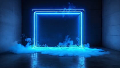 Futuristic blue neon light frame with smoke in dark abstract space