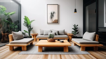 Modern living room with wooden furniture, gray cushions, and indoor plants, featuring minimalist artwork and natural decor elements in a bright, airy setting.