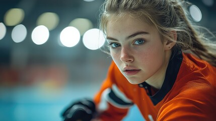Close-up portrait of a determined young female hockey player in an arena.
