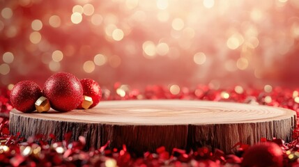 Festive Christmas Decor with Glittering Ornaments and Wooden Background