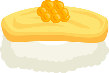 Tamago Nigiri Cartoon. Tamago Sushi.  Japanese Food Tamago Sushi. Tamago Nigiri delicious sushi icon. Simple and delicious tamago sushi.
