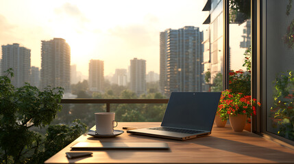 Obraz premium Morning office setup with laptop and coffee on a balcony overlooking city park blending urban energy and nature Copy space