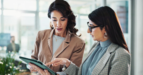 Tablet, discussion and business women in office with research for break in finance stock market....