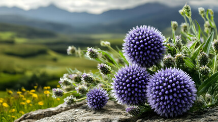 Close-up of Purple Globe Thistle Flowers with Green Leaves, Blooming with a Defocused Mountain Background