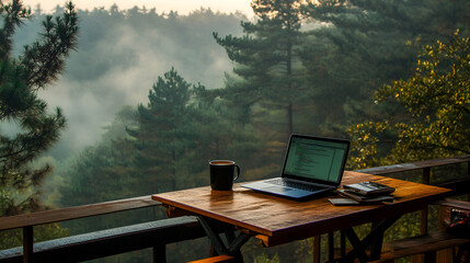 Morning setup with laptop and coffee cup on a high balcony overlooking a foggy forest calm start to work Copy space