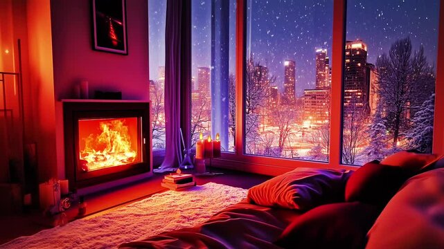 Animated virtual backgrounds, cozy lofi living room with fireplace with winter scenery forest view from window