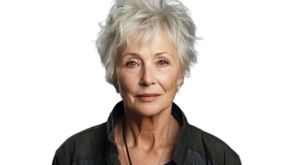 Portrait of cheerful senior female looking at camera and smiling on transparent background PNG.
