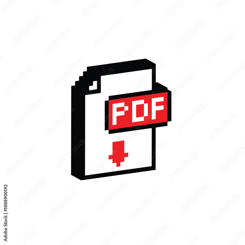 Poster isometric pixel pdf file icon. vector pixel art pdf document 8 bit logo for game