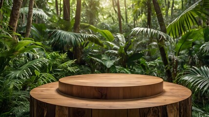 Serene empty round wooden table podium on lush green tropical rainforest, forest woodland product placement tabletop for advertising advertisement branding promotion commercial 