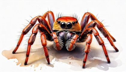 Pająk skakun, białe tło, akwarela. Generative AI
