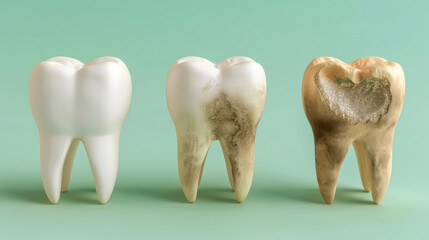Stages of Tooth Decay Illustrated with 3D Models Isolated on Green Background