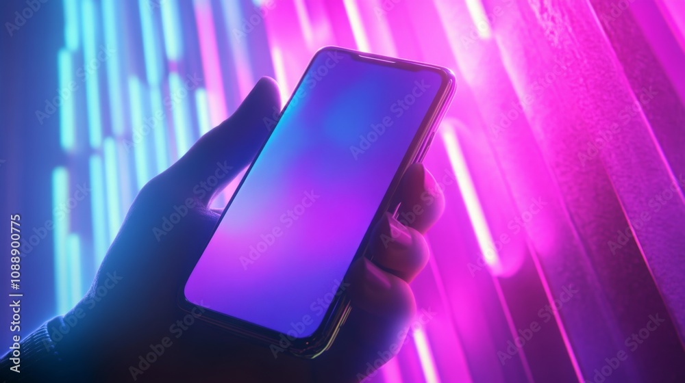 Leinwandbilder a hand grips a smartphone featuring a blank screen, surrounded by colorful neon lights casting a viv