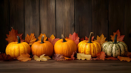 Five Pumpkins Resting on a Wooden Floor Surrounded by Fall Leaves