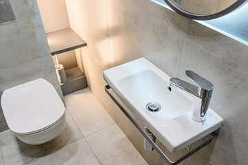 interior apartment room bathroom, sink, decorative elements, toilet. WC, sanitary unit, wash room