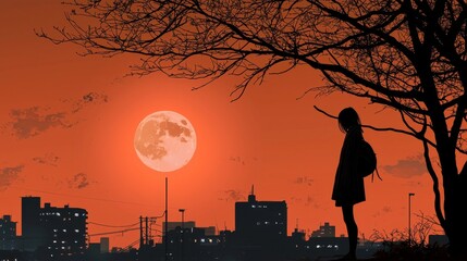 Naklejka premium Silhouette of a Young Girl Under a Tree Against an Orange Sunset with Full Moon and City Skyline in the Background Evokes Feelings of Isolation and Reflection