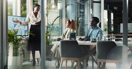 Presentation, speaker and business woman in meeting for planning, teamwork or data analysis. Company profit, sales report and workshop with people in finance firm for investment, monitor and research