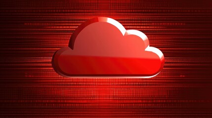 Stylized red cloud icon set against a binary data background, representing the concept of cloud technology and data security.