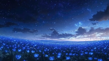 Twilight scene with fields of blue flowers and a starry sky, blending tranquility and beauty in a magical, anime-style composition