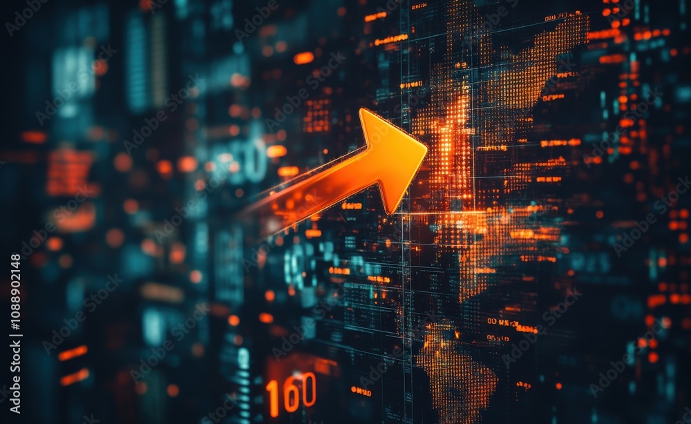 Poster abstract representation of digital data and growth trends with a focus on upward movement symbolizin