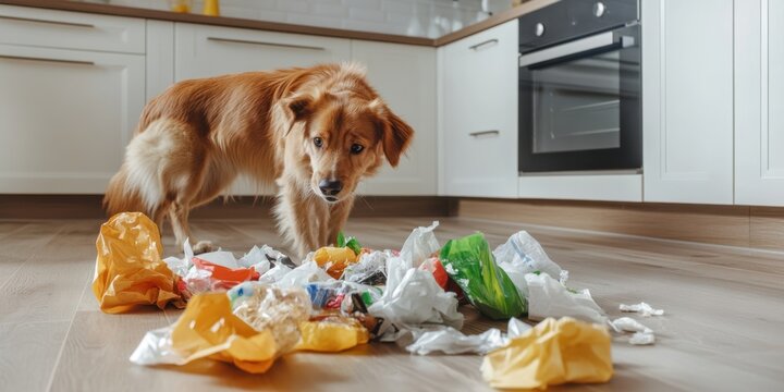 dog has destroyed the trash, with garbage strewn across the kitchen floor
