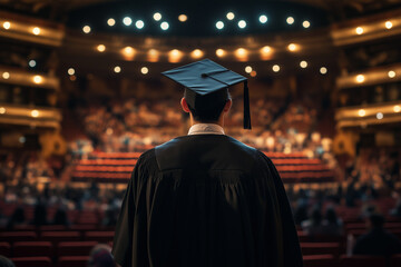 Obraz premium A young man wearing a black graduation gown and cap is seen from behind, standing in front of an empty auditorium filled with people during his academic ceremony at the university