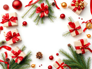 Festive holiday decorations with wrapped gifts and ornaments arranged on a white background, copy space