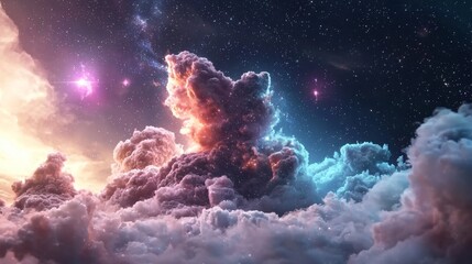 Stunning Cosmic Clouds Illuminated by a Dazzling Color Palette Against a Backdrop of Endless Starry Sky in a Celestial Scene of Wonders
